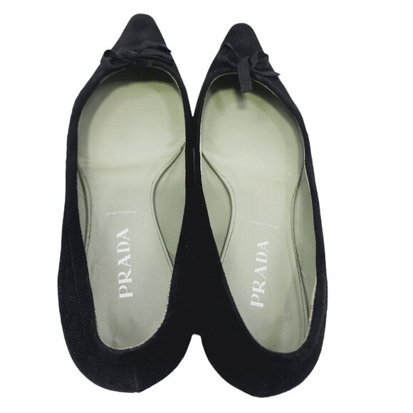 Prada Suede Bow Flats Shoes Women's Size 38.5 Black US 8.5 Slip On Fairy Goth - Picture 5 of 13